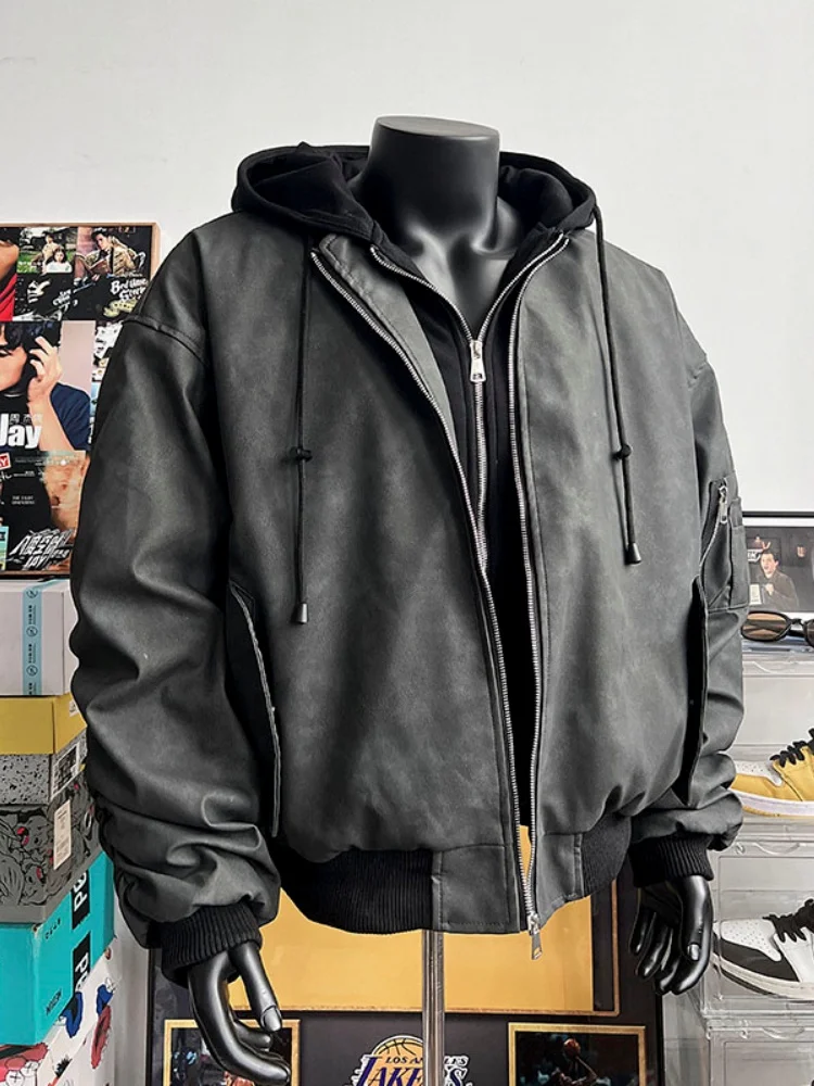 

Men's Leather Jaet Thiened Winter Coat Loose Fit Hooded Cotton Padded American Sle Casual Faion Brand Warmth Guaranteed