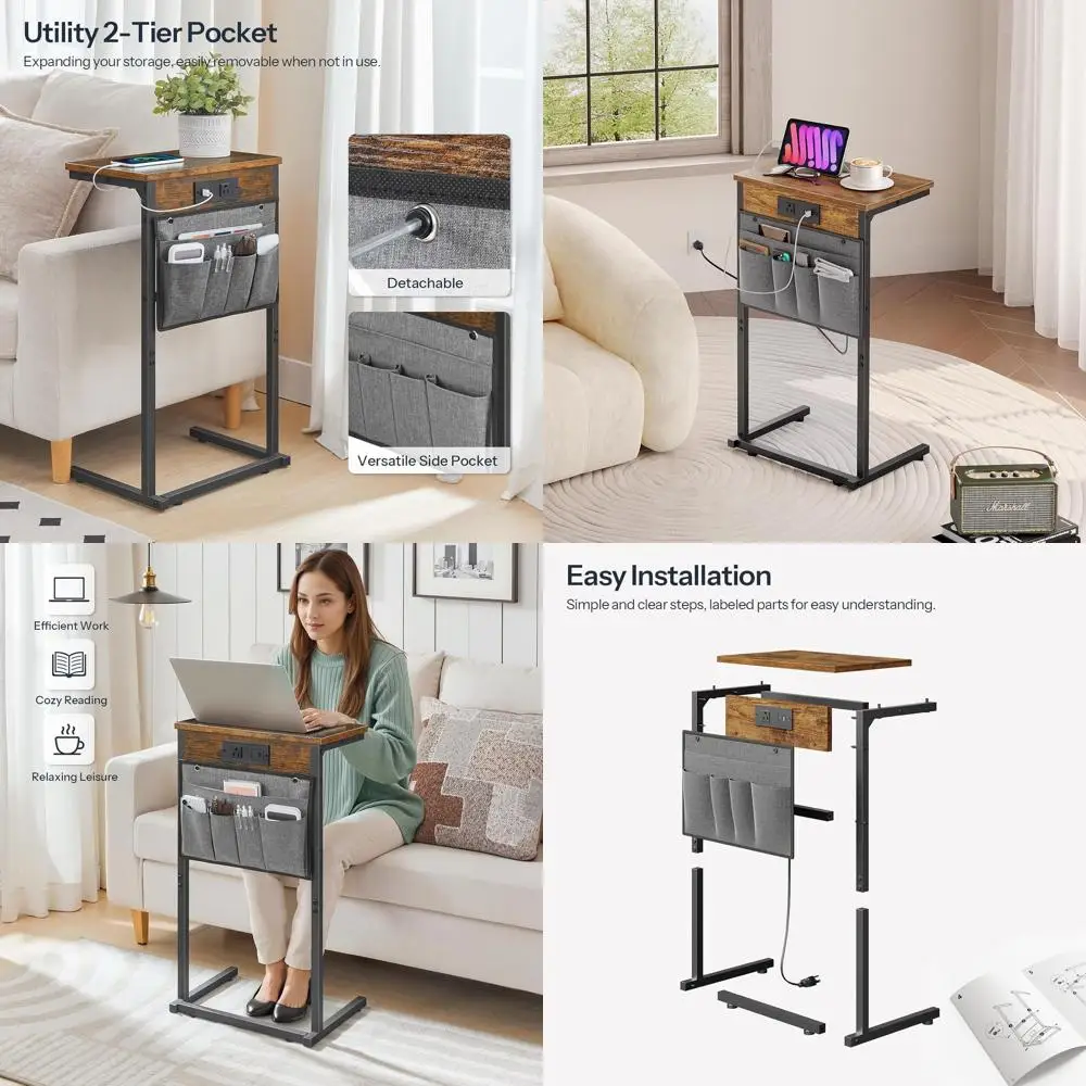 

Pair of C-Shaped Side Tables with Charging Port, 28 High for Compact Spaces, Sofa Slide Storage Tables, Rustic Brown BF70USFP201