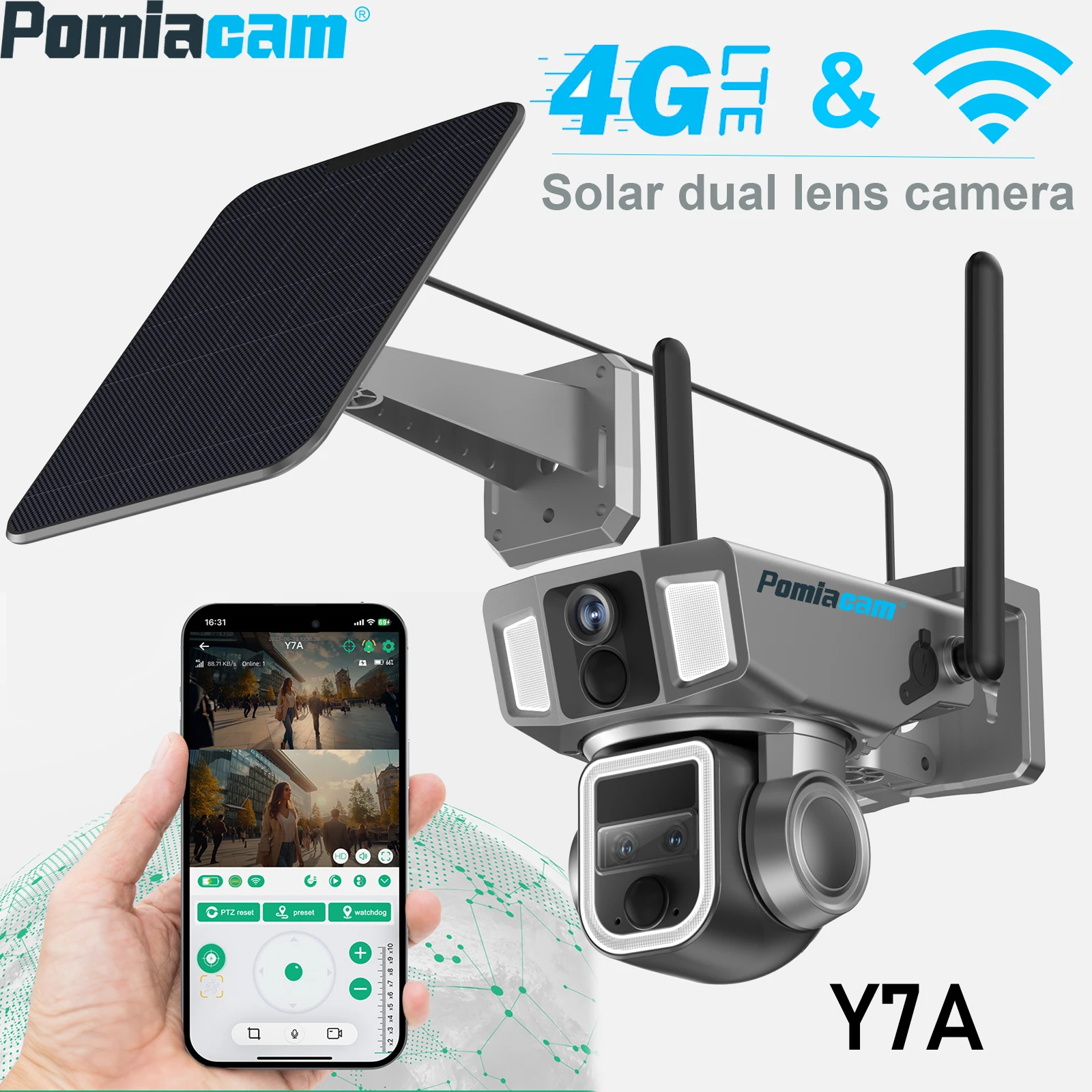 Y7A Solar Camera 4G and WIFI 2 in 1 network Solar PTZ Camera 10X Optical Zoom 2K 4MP Night Vision Solar Panel Powered