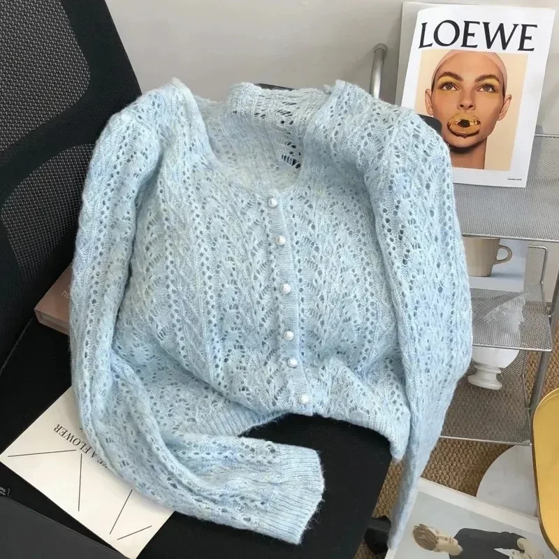 여성 니트 가디건 스웨터 재킷 패션 봄 가을 2024 신상 다용도 레저 얇은 스타일 홀로우 아웃 여성용 탑 코트