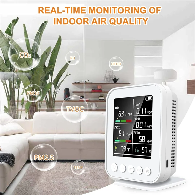 AIAI Smart 7 In 1 Air Quality Monitor With PM2.5, CO2 Detector With Alarm, Temperature & Humidity Sensors, LED Display