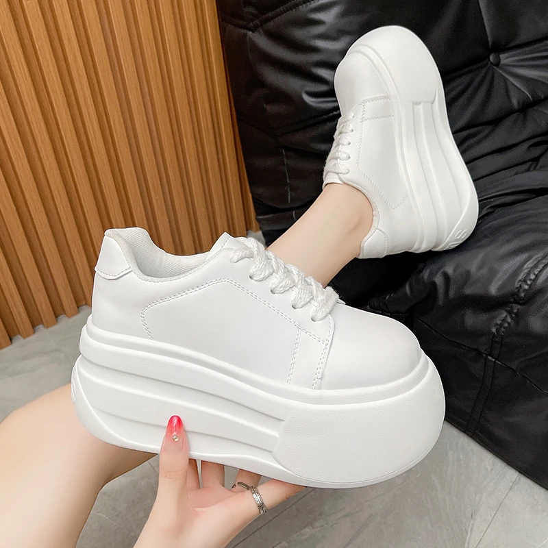 2026 8CM Women's Autumn Thick Bottom Shoes Breathable Microfiber Leather Vulcanize Flat Platform Sneakers White Walking Shoes