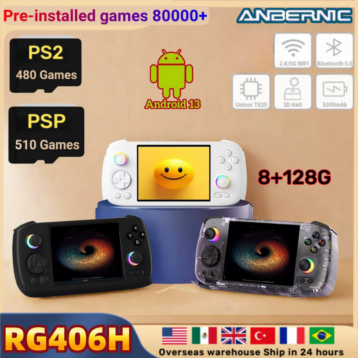 

ANBERNIC RG406H Retro Handheld Game Video Player Console 4 Inch HD Screen Bluetooth WIFI 8G+128G RG 406H Android 13 512G PSP PS2