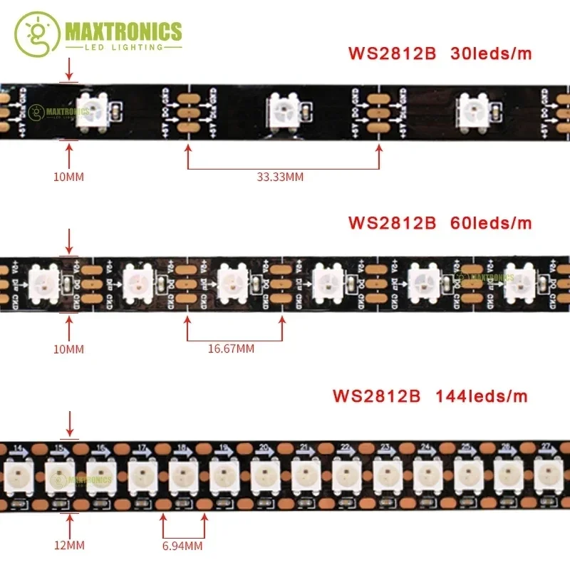 5Meters WS2812B RGB LED Strip Light 30/60/144leds/m Black/White PCB Addressable Smart Led Pixel Strip Lamp IP30/IP65/IP67 DC5V