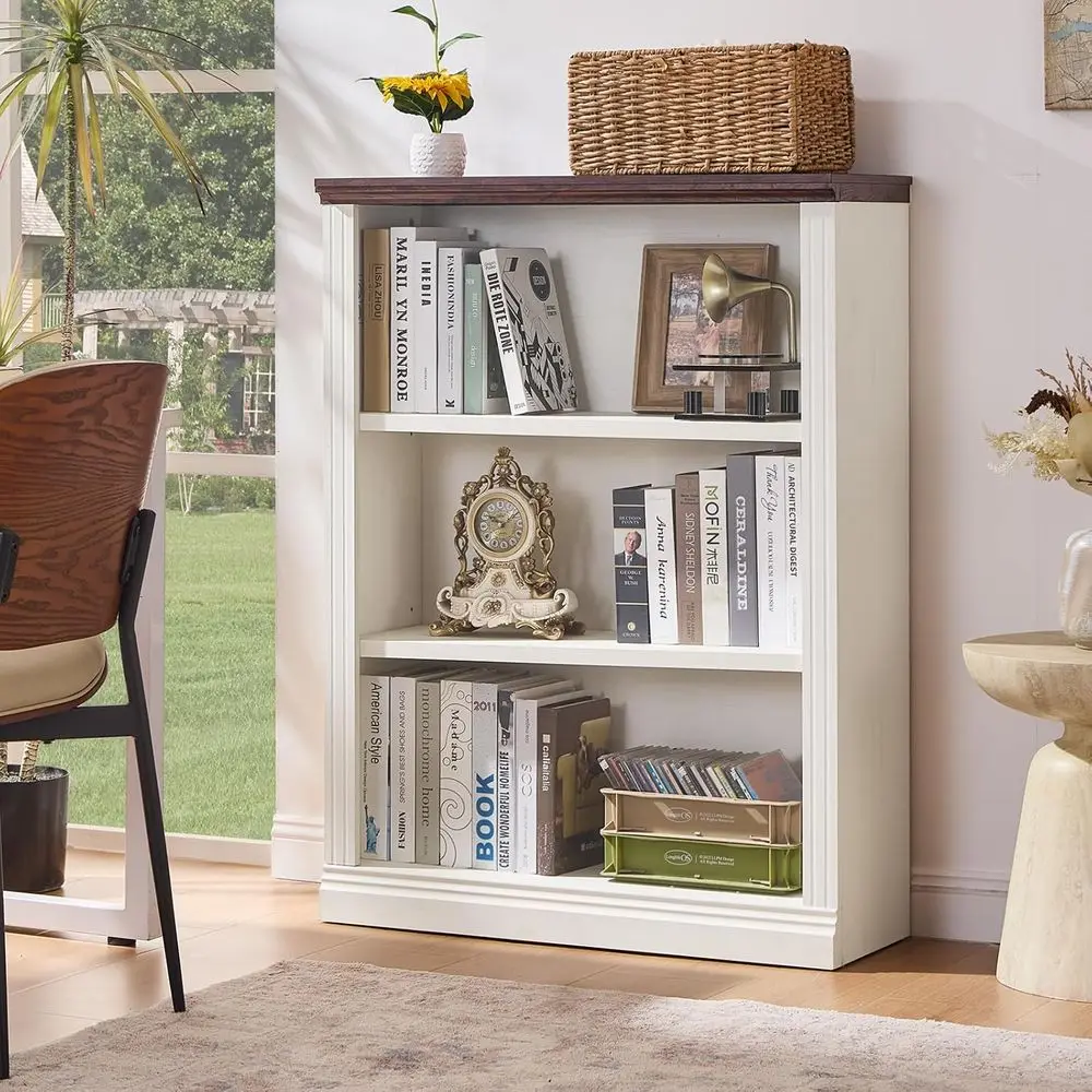 43" White Tall Bookshel,3-Tier Thick Wooden Book Shel with Adjustable Shelves,ree Standing armhouse Bookcase with Open Display S