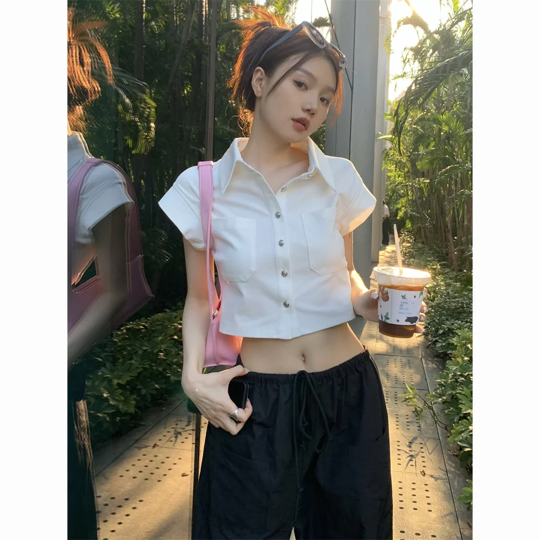 

Short Sleeve Shirts Womens Goblin Core Square Ups Pink Darlingaga Textured Cinching Cutecore ButtonFly Colorblocking Trend
