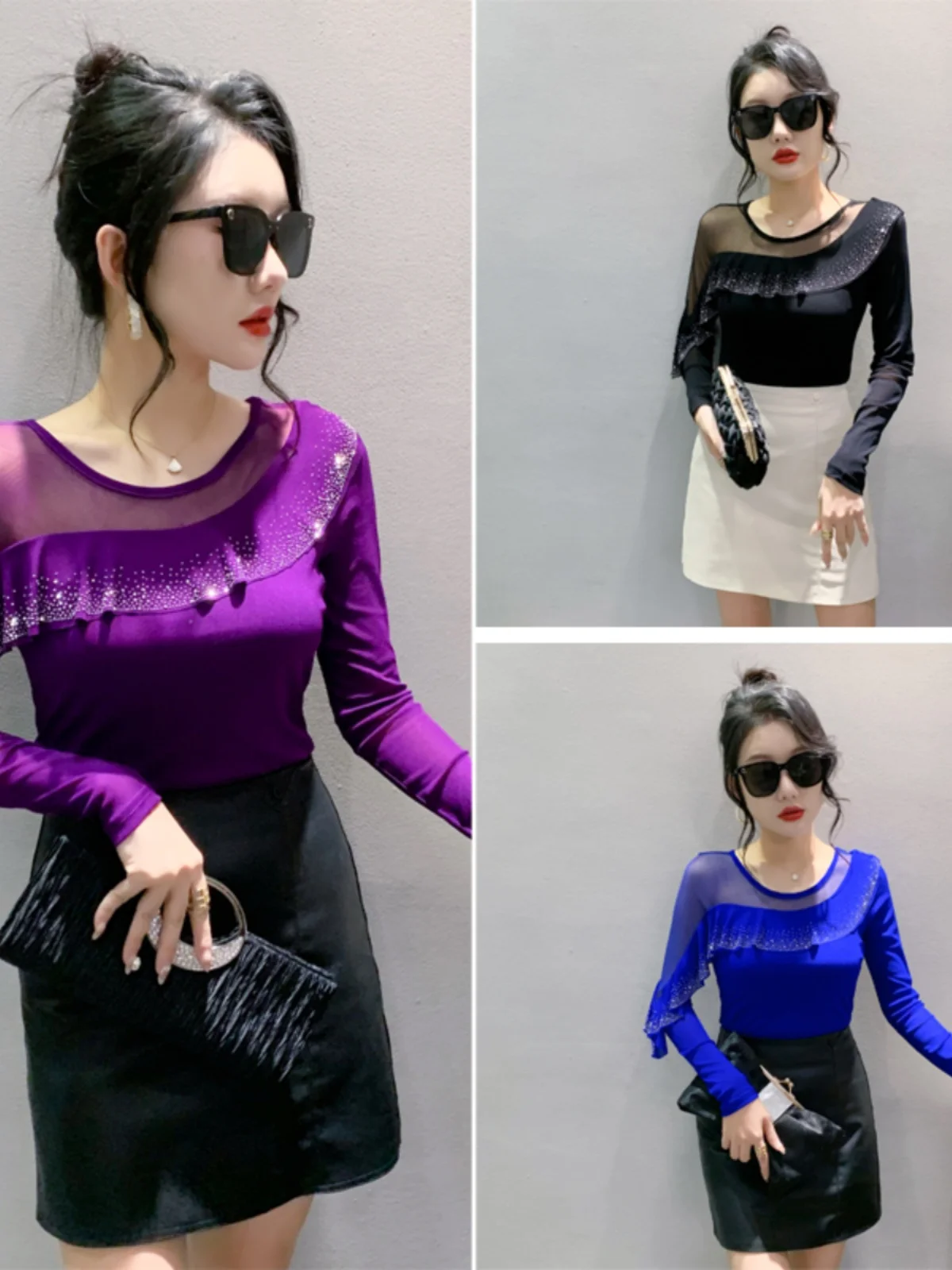 Spring Autumn Ringstones Ruffles Long Sleeve Mesh T-shirt Tee New Female Round Collar Sheath Tops T-shirts for women