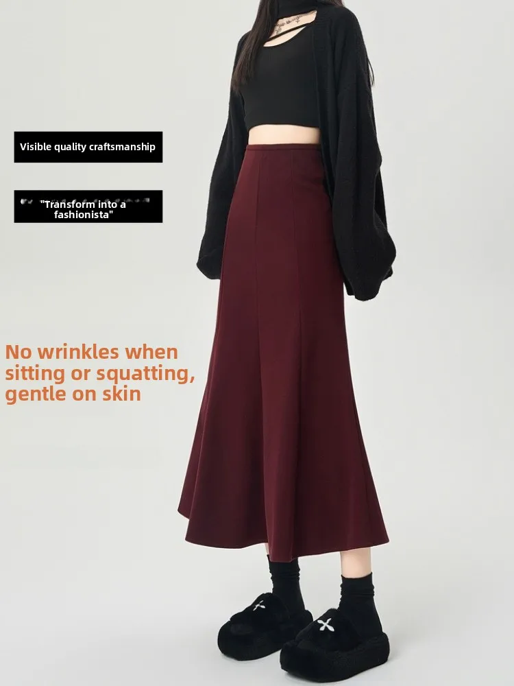 ay Woolen Fi Tail Rock Damen Herbst Winter Hohe Taille Slim Fit Bodycon mittellanger Maxi A-Linie Rock