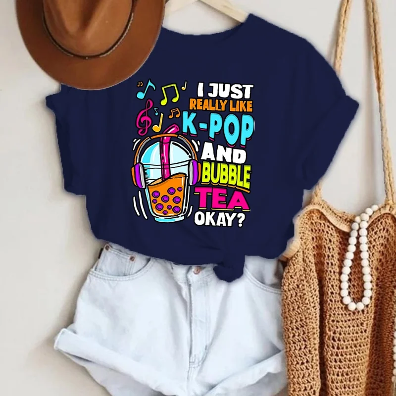 I Just Really Like K-Pop And Bubble Tea Okay Printing T-Shirt Fashion Unisex Short Sleeve Summer Cool Hip Hop Top Tee