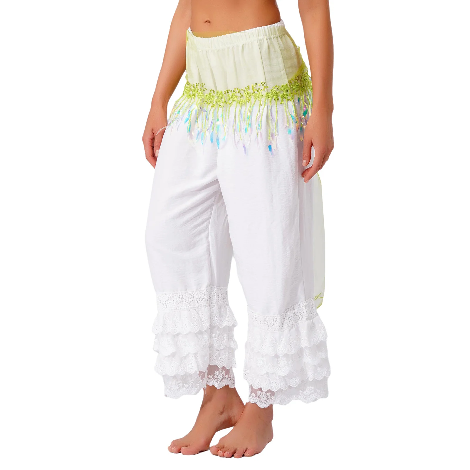 Women Belly Dance Hip Scarf Willow Leaf Shaped Sequin Tassel Patchwork Mesh Lace-up Waist Chain Skirt Oriental Dance Costume