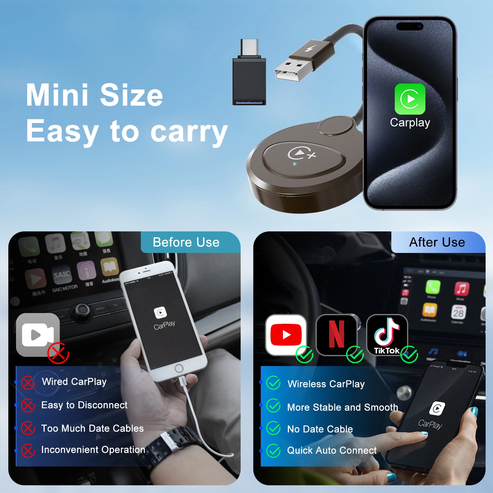 Carplay wireless adapter With youtube Netflix Tiktok apple carplay USB dongle converter support online update just plug and play