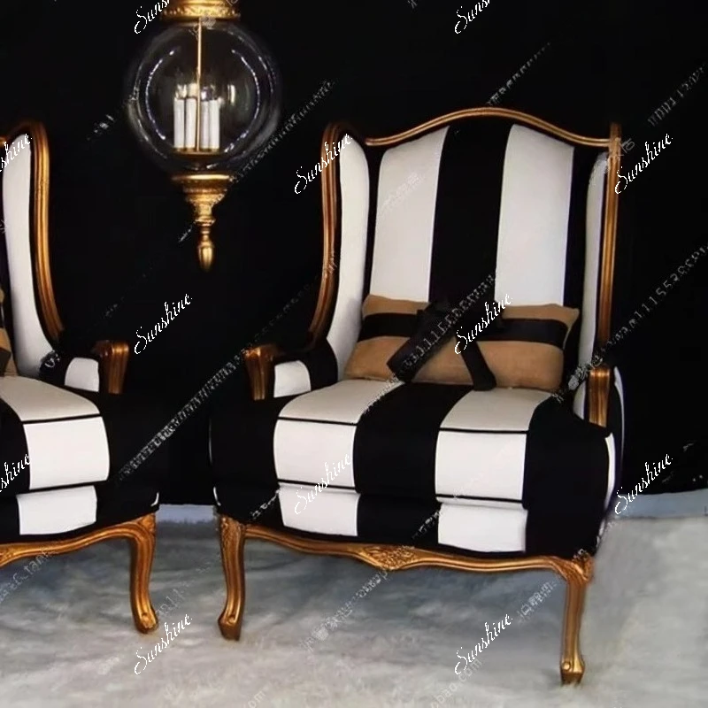 

French retro solid wood carving flower living room furniture striped fabric sofa