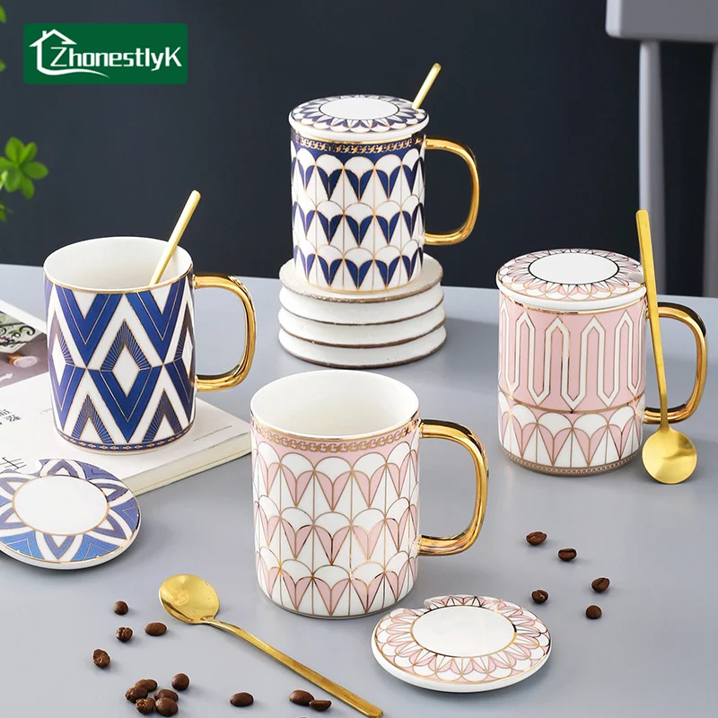 Tasse à café en céramique de style britannique avec bordure dorée créative, avec couvercle, pour bureau, couple, thé de l'après-midi, vaisselle domestique