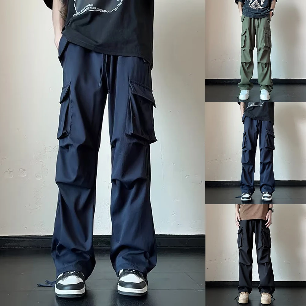 

Men Solid Pleated Cargo Pants Pockets Loose Straight High Street Work Trousers