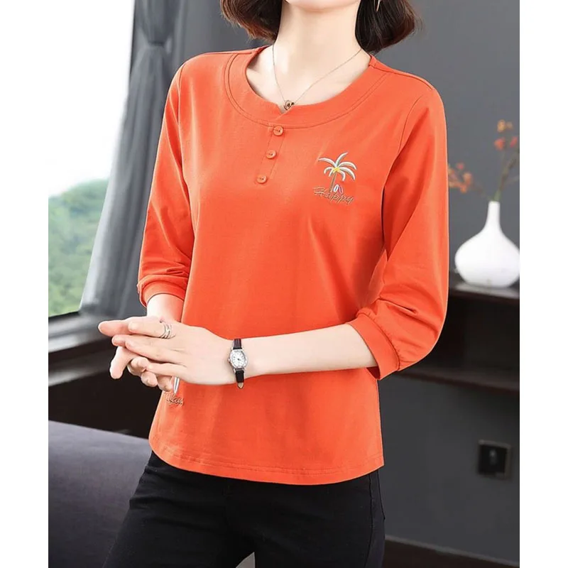 Casual Simplicity Solid Color 3/4 Sleeve Tops Fashion Women\'s Clothing All-match Commute O-Neck Embroidery Patchwork T-shirt