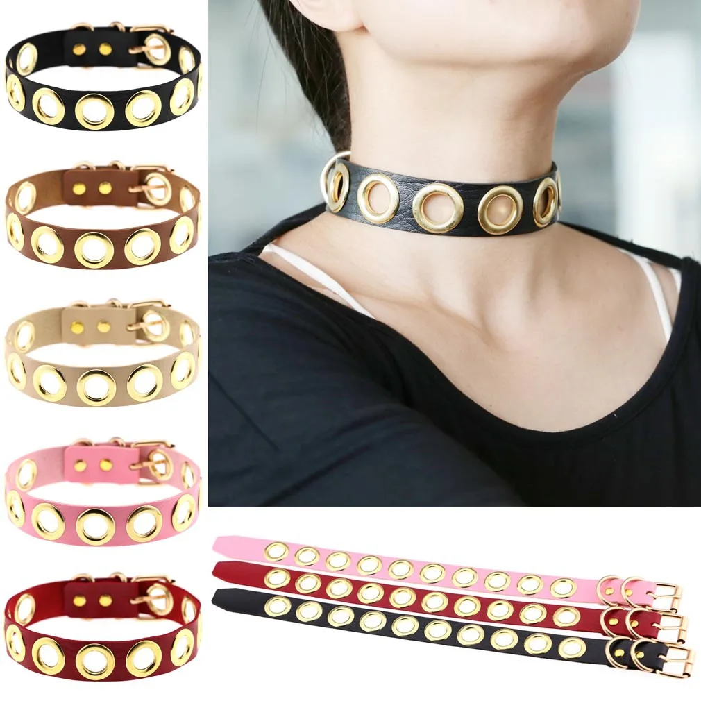 Simple Individuality Punk Gothic Sex appeal Easy Fashion Originality PU leather Choker Golden circle Short collarbone necklace