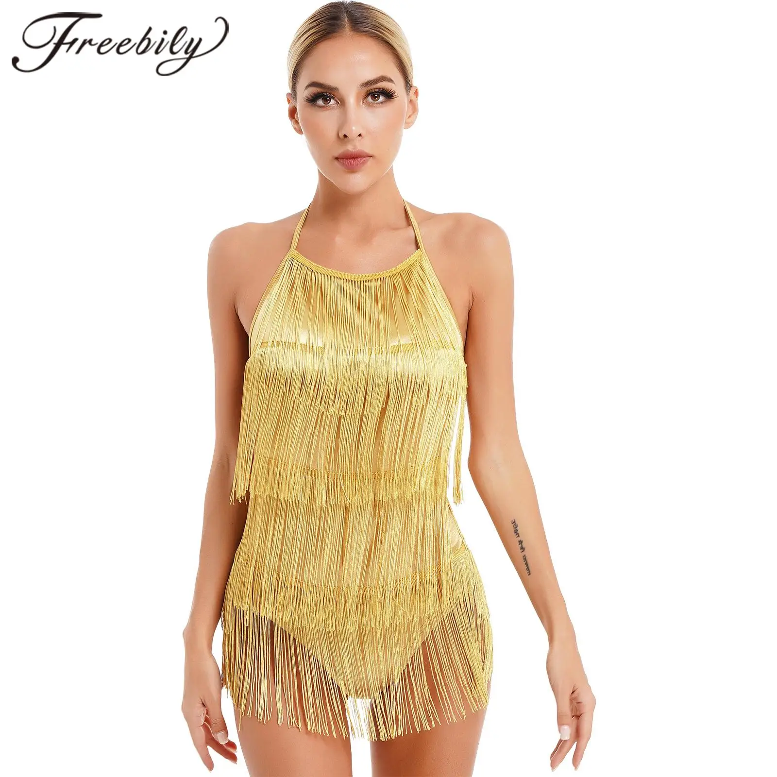 Womens Halter Tassel Latin Dance Bodysuit Backless Fringed Ballet Jumpsuit Gymnastic Leotard for Woman Stage Performance Costume