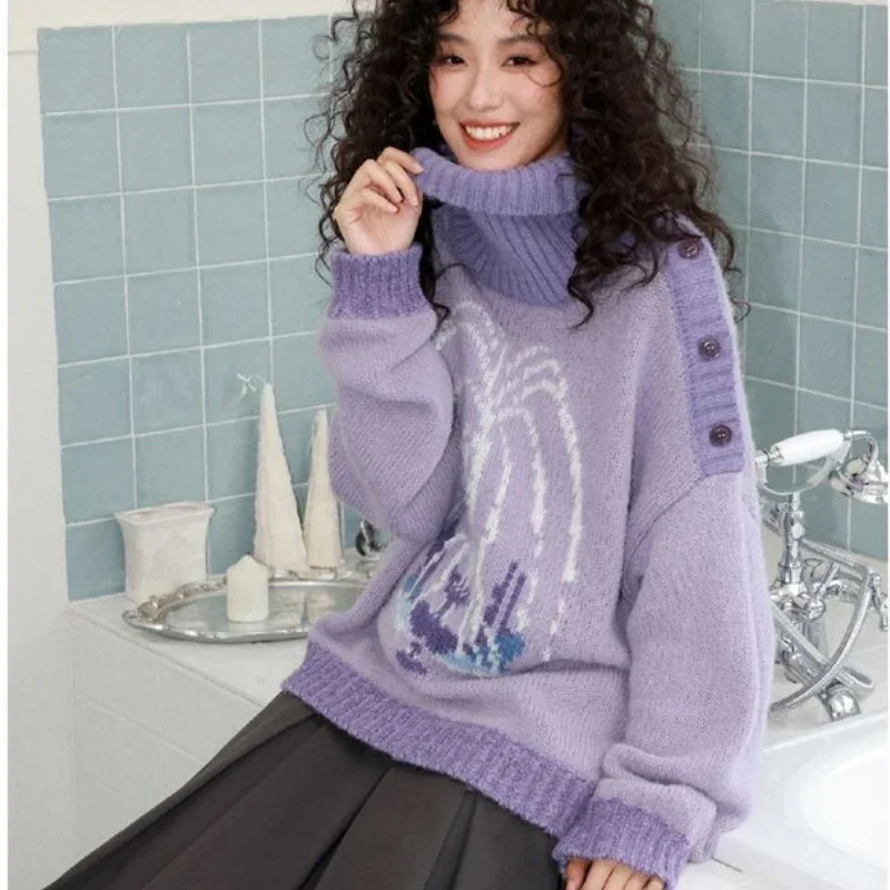 Suéter con patrón de fuente púrpura para mujer, moda coreana, Jersey de punto empalmado con botones, ropa informal Y2k, novedad de Otoño Invierno 2025