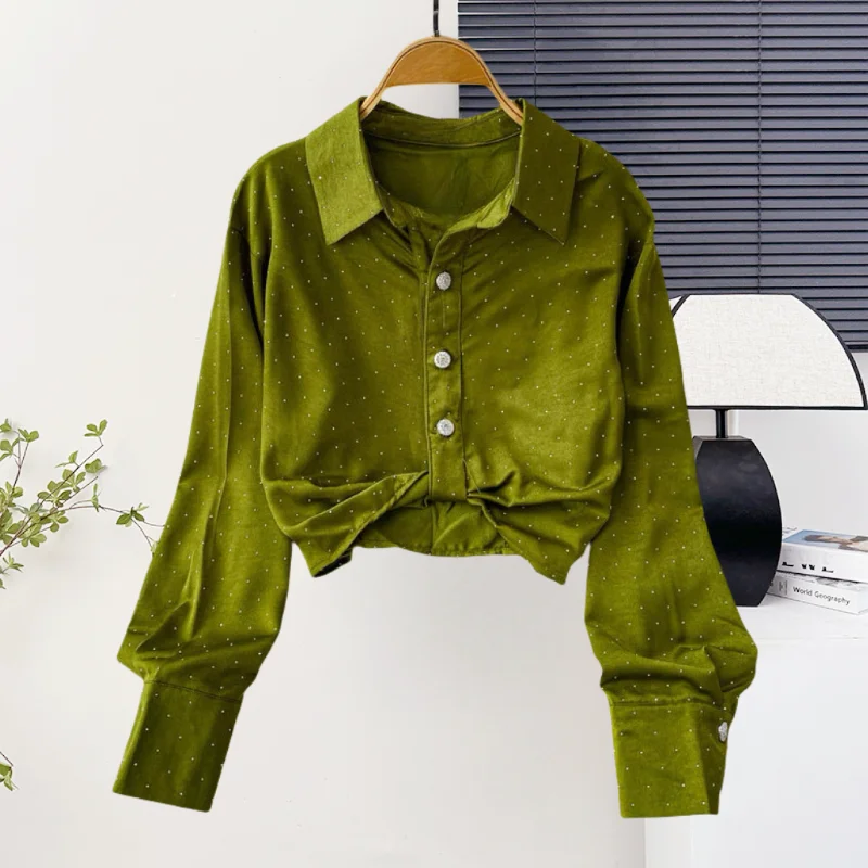 

Black,New,Spring,Summer,Korean,Style,Loose,Chiffon,Blouse,Short,Fashion,Sexy,Button,Shiny,Diamonds,Women,Long Sleeve,Tops,562702
