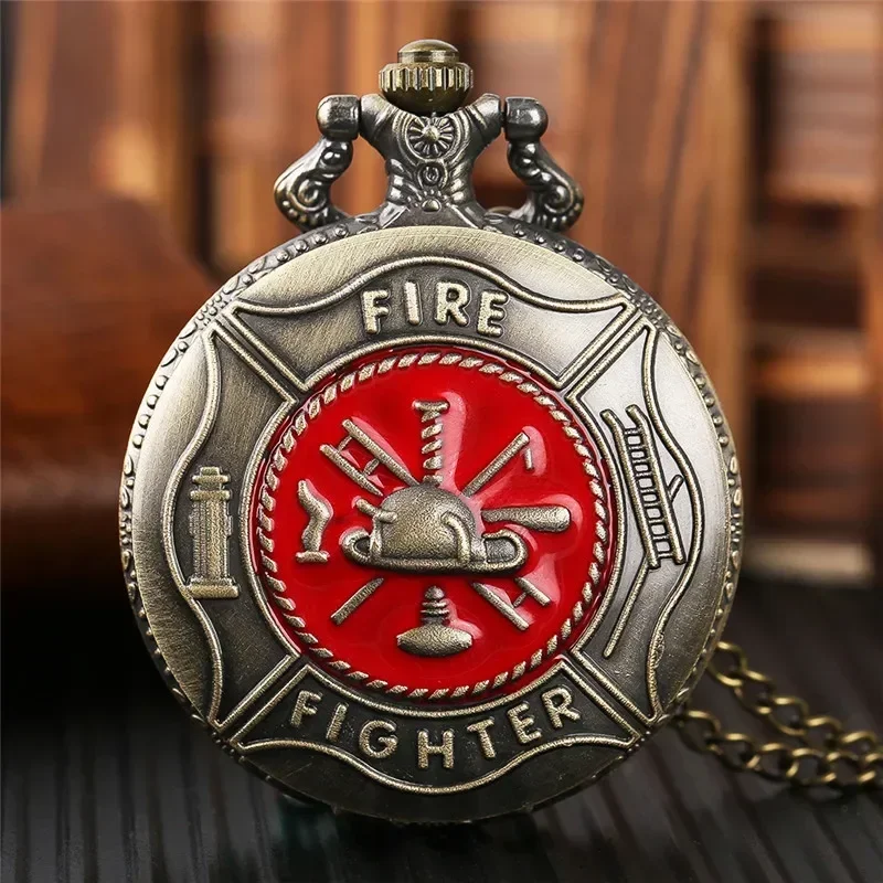 

Bronze Fire Fighter Design Men's Quartz Analog Pocket Watch Fireman Theme Watches Sweater Necklace Chain Reloj De Bolsillo