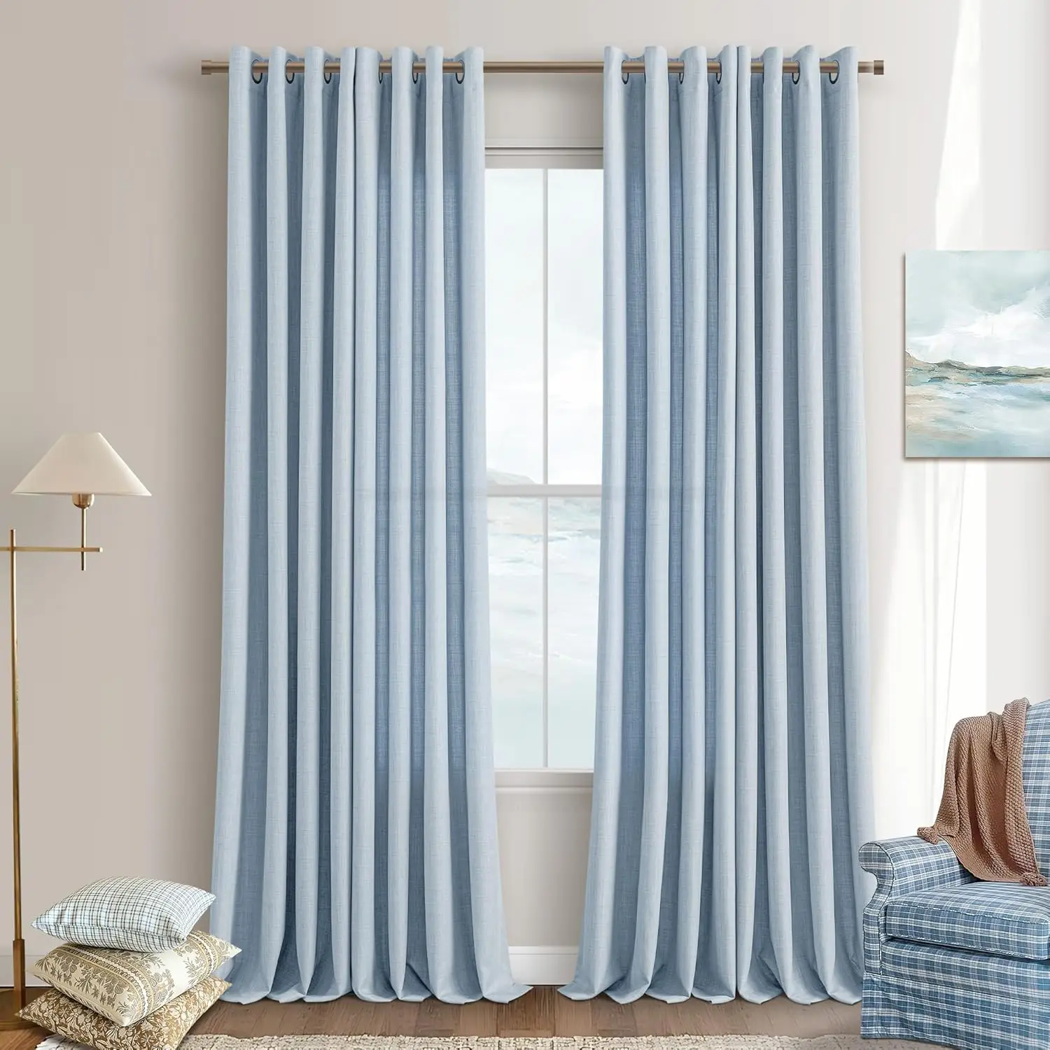 

Полупрозрачные светло-голубые шторы для гостиной из льняной ткани, светопроницаемые, с люверсами, в современном прибрежном богемном стиле, серые