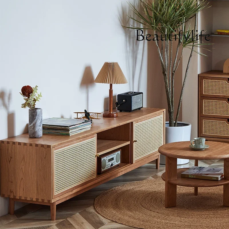 

Black Walnut Solid Wood TV Cabinet Japanese Rattan Storage Cabinet Rattan Cabinet Changhong Glass Locker