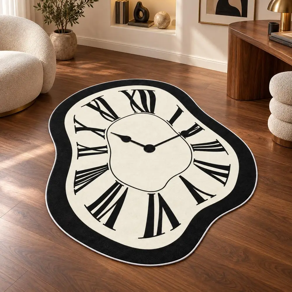 Warped Roman Numeral Clock Shaped Area Rug, Soft Flannel Floor Mat for Foyer, Living Room, Bedroom, Office and Chic Home Decor