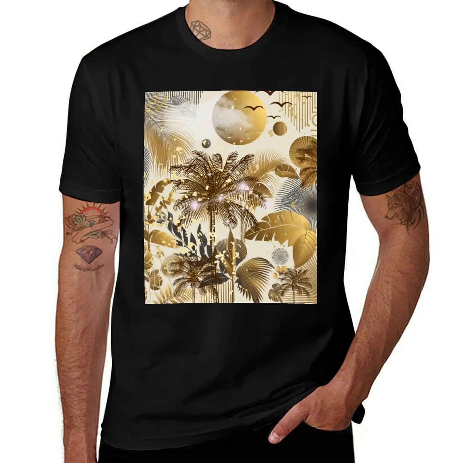 

Elegant Gold Tropical Jungle Pattern Botanical Palm Leaves Design T-Shirt for a boy cotton man t-shirts Men's clothing