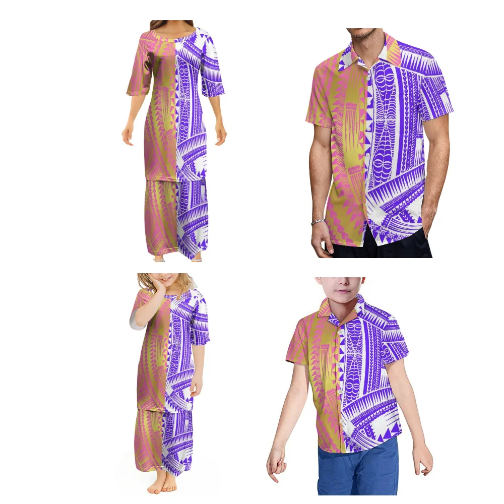 Samoa Island Club Family Party Dress Custom Adult Children Summer Short Sleeve Set Puletasi Long Skirt Shirt Polynesian Style