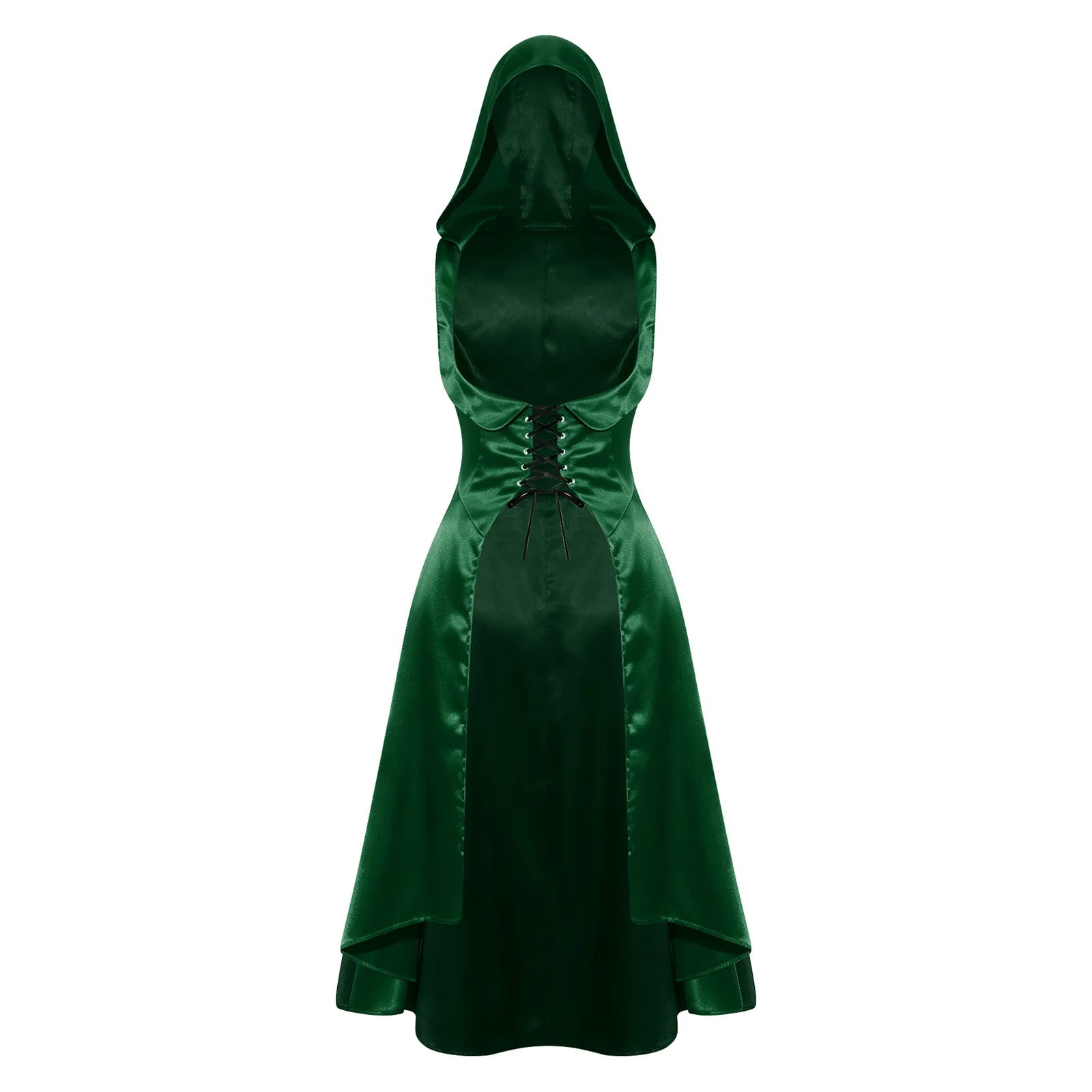 Women Medieval Renaissance Victorian Costume Lace-up Split High-low Hem Satin Hooded Underbust Dress for Halloween Cosplay Party view 3