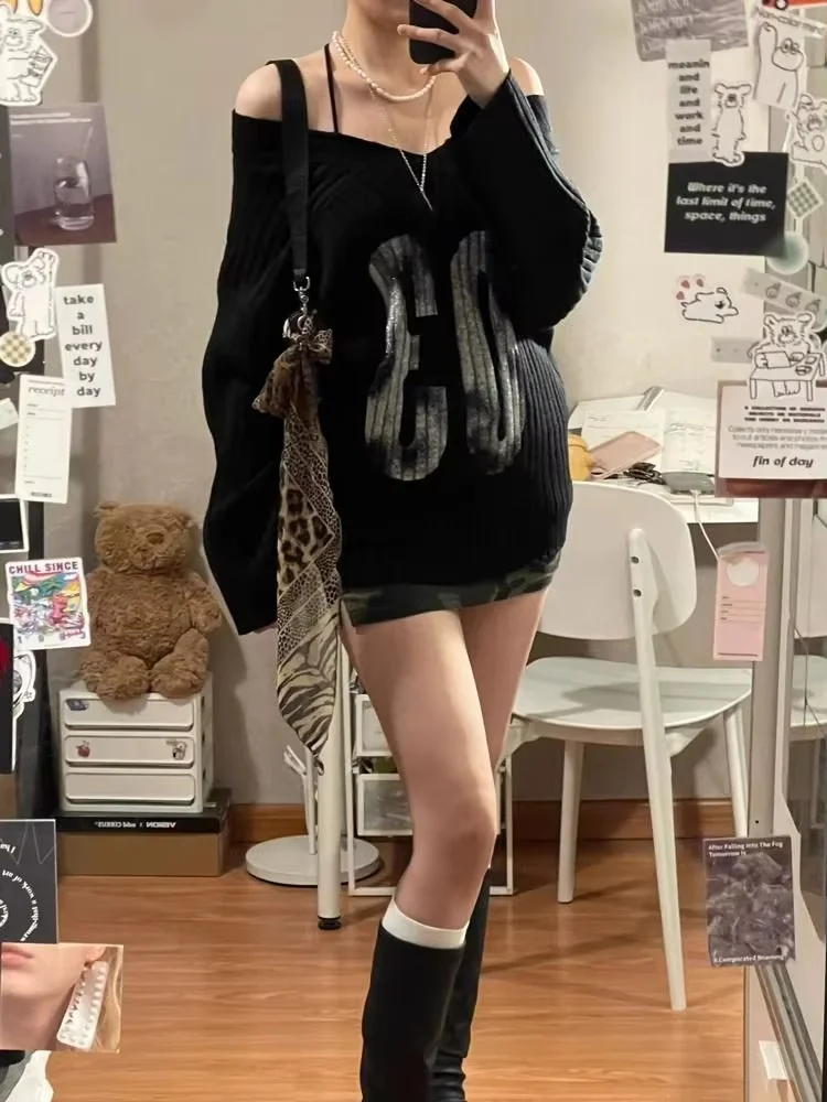 

Модный вязаный пуловер с буквенным принтом, свитера с открытыми плечами Mujer, ранняя осень 2022, новый черный топ для женщин, академический американский