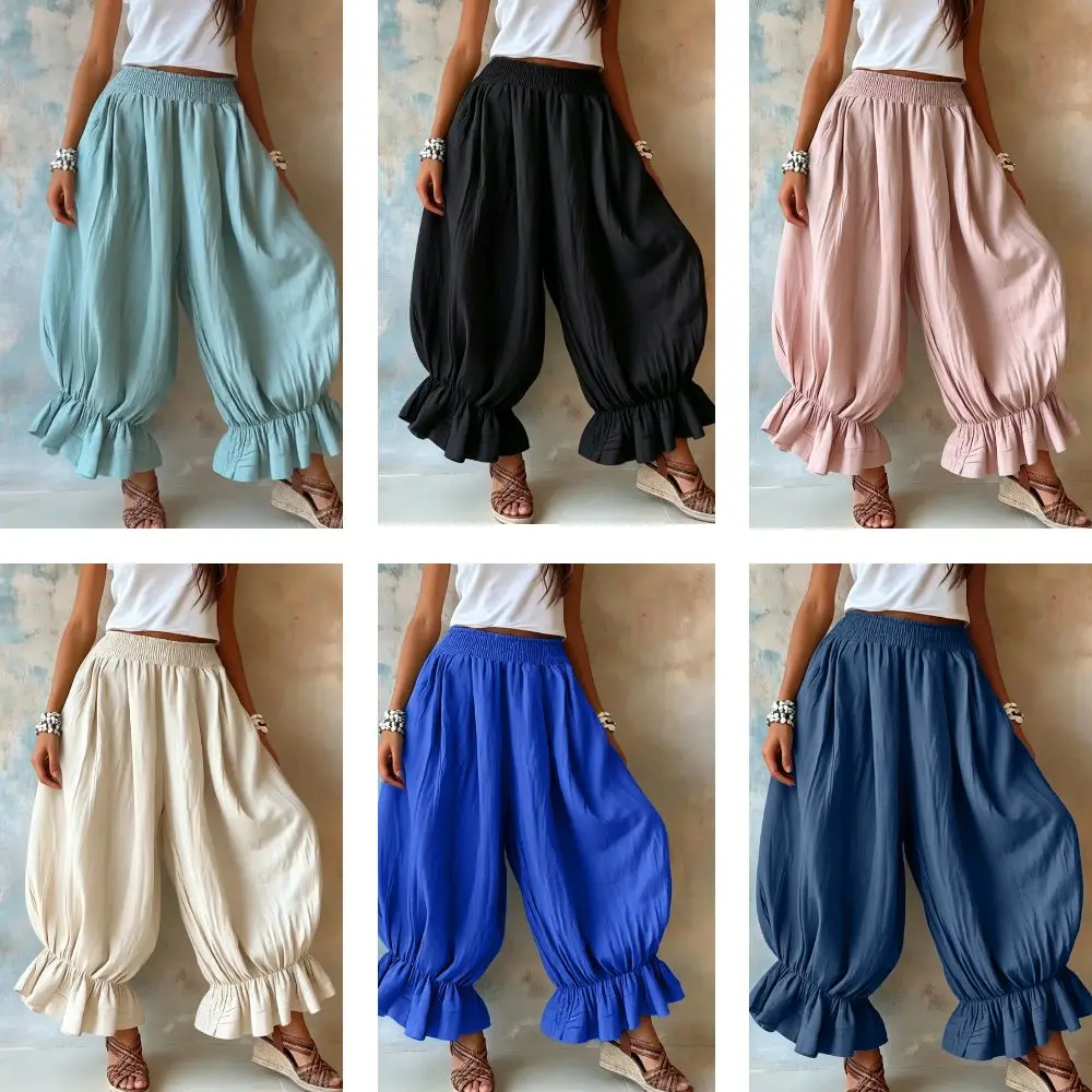 Feminine Cotton Linen Blend Harem Pants Elastic High Waist Loose Fit Lantern Pants Lightweight Ruffle Hem Wide Leg Pants Women