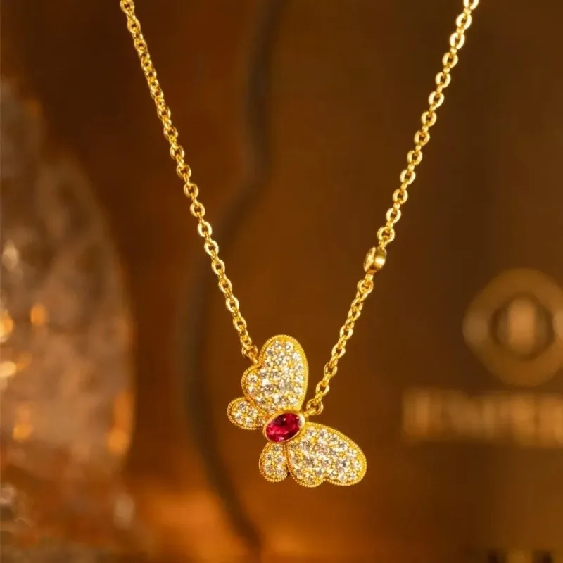 

Pryna Jewelry 9999 24K real gold ancient style necklace fashionable ruby inlaid with small butterfly pendant as a festival gif