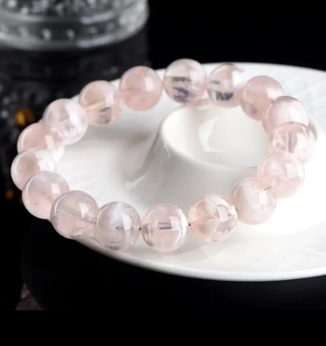 Natural Orange White Sericite Rutilated Snow Phantom Quartz Bracelet Clear Round Beads Bracelet Crystal 7mm 8mm 9mm AAAAA