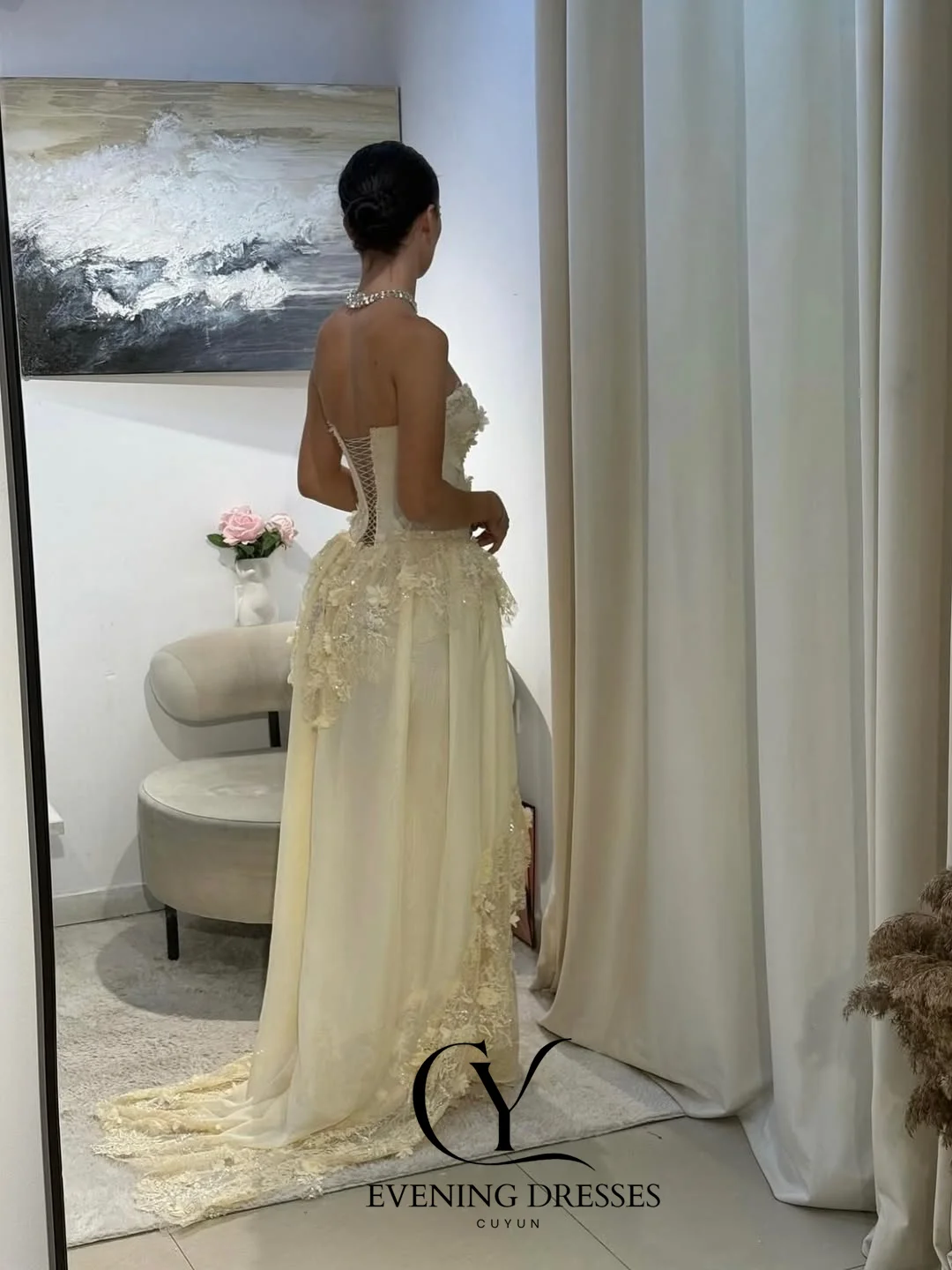 CUYUN ثوب مسائي فاخر 2025 على شكل قلب بدون حمالات دانتيل زينة فستان حفلة شيفون مخصص مشد خلفي فساتين لحضور الحفلات الموسيقية