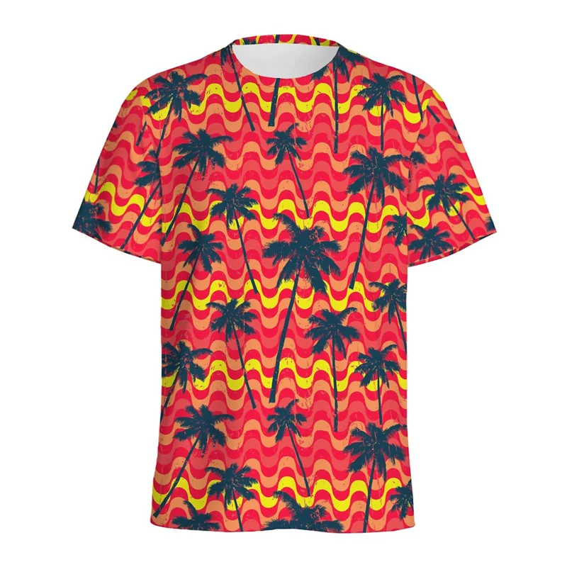 Summer Palm Tree Graphic T-shirt Men Hawaiian Tropical Plants 3D Printed T Shirt Tops Short Sleeves Oversized Round Neck Tees