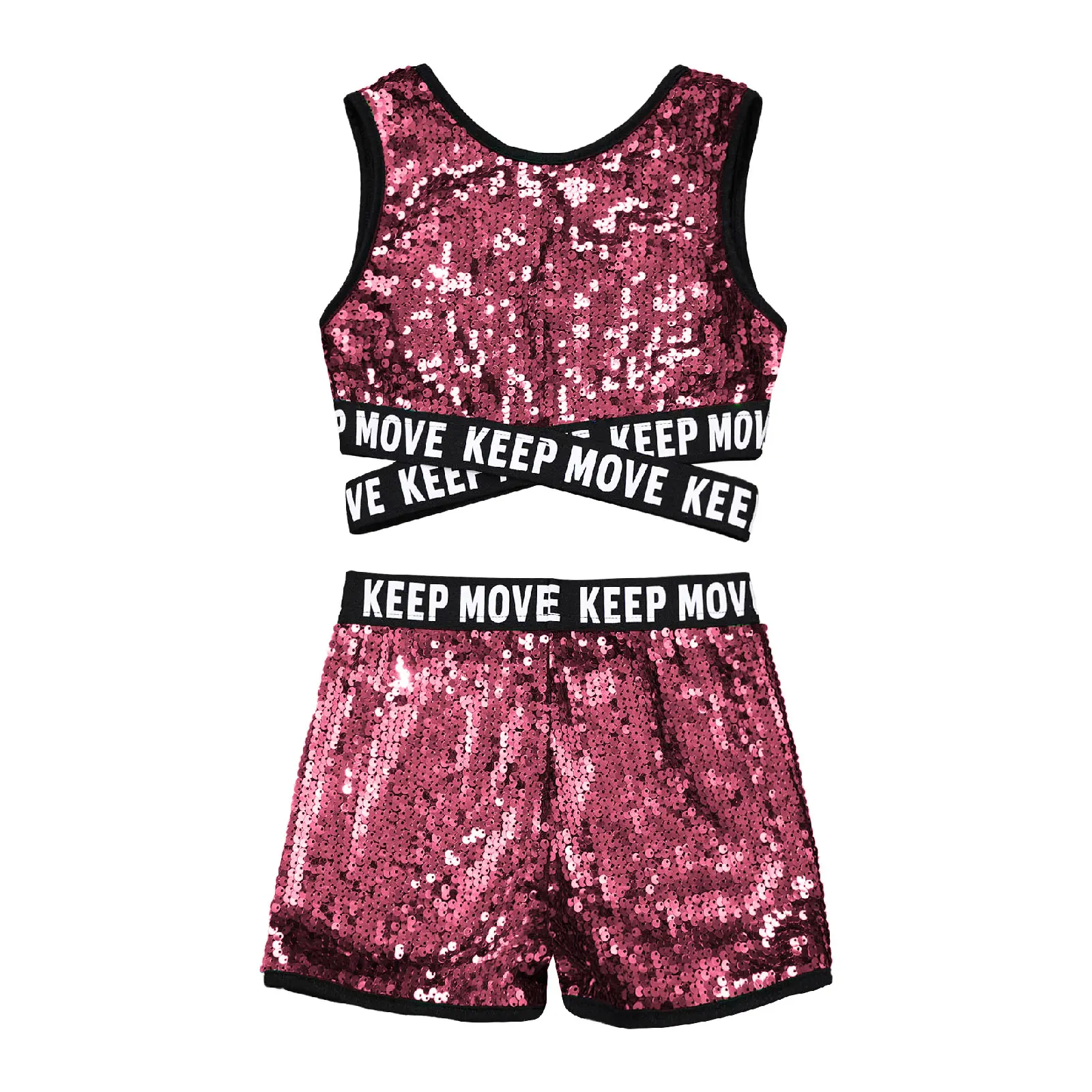 Kids Girls Shiny Sequin Dancewear Jazz Dance Outfit Sleeveless Letter Print Crop Top with Shorts Set Sportswear for Daily Wear