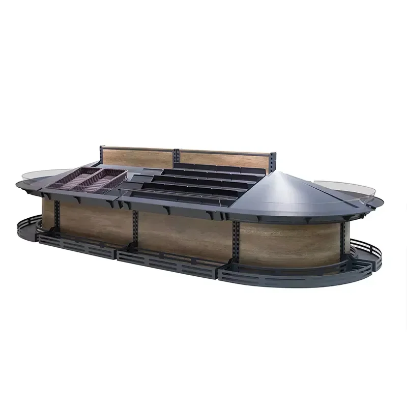 Wooden double-sided heavy-duty bread display stand for retail supermarket