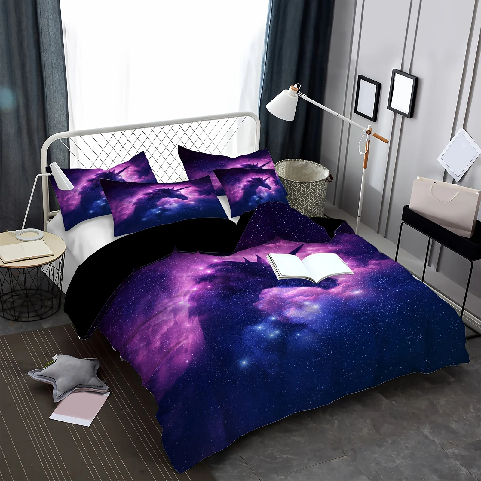 

Soft Purple Night Sky Unicorn Duvet Cover Set - Polyester, Starry for galaxy Design with Sparkling Stars & Clouds, All-Season