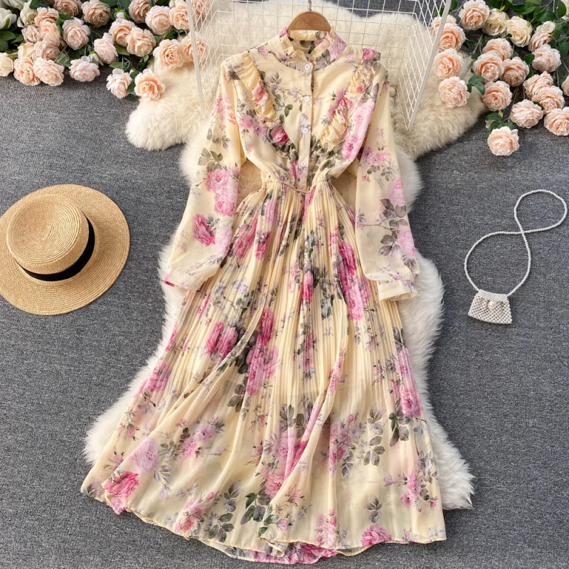 

Lace Trim Stand Collar Floral Chiffon Dress Waist Slimming Beach Vacation Dress Waist Pleated Flared Long Dress