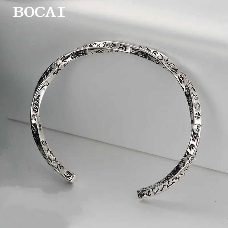 BOCAI New S925 Sterling Silver Retro Fashionable Mobius Ancient Text Opening Bracelet Women's Gift