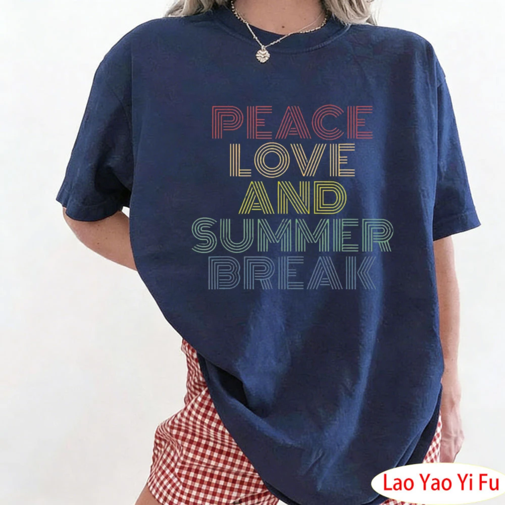 Peace Love and Summer Break Summer Lover T-Shirt Retro Fashion Summer Beach Vacation Clothes Ladies' Casual Wear Women Clothing