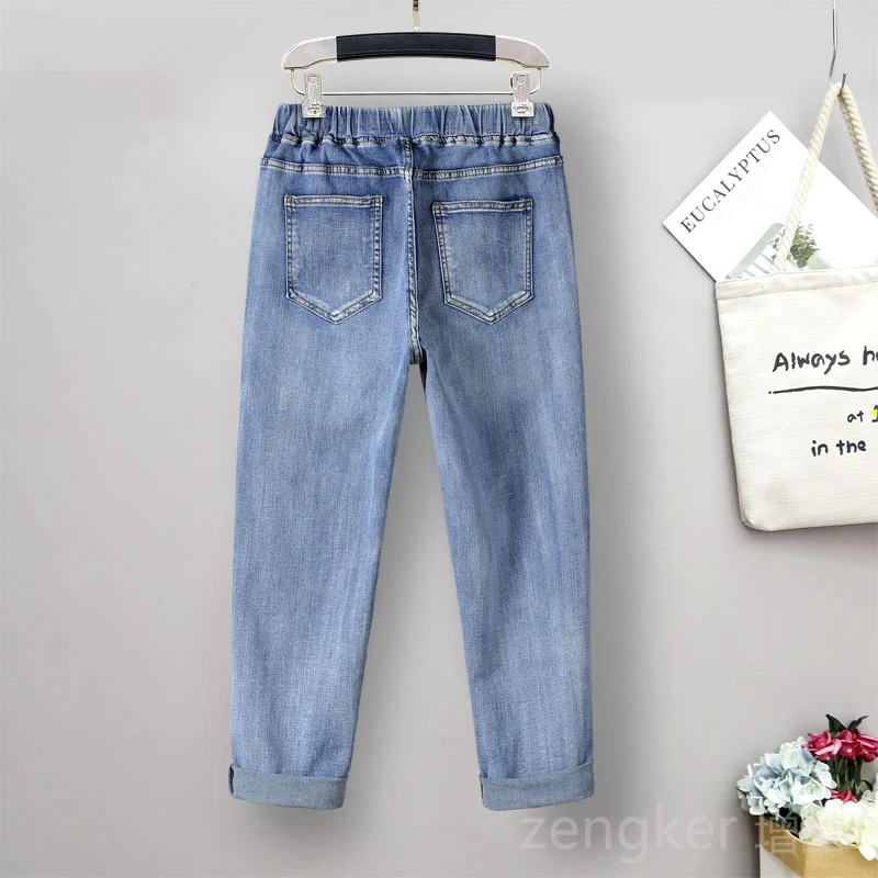 ankle-length Thin ripped large size jeans women's high waist elastic ninth pants pencil pants autumn style plus size woman jeans