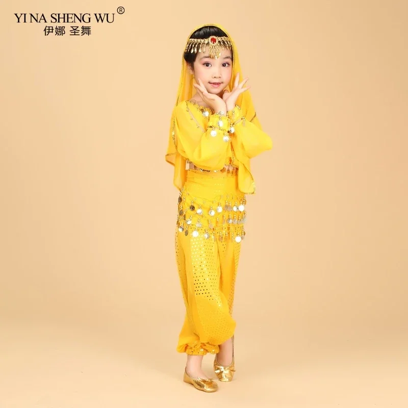Bollywood Belly Dance Costume Set For Kids Egypt Egyptian Oriental Indian Belly Dance Suit For Girl Skirt 120D Chiffon Top Pants