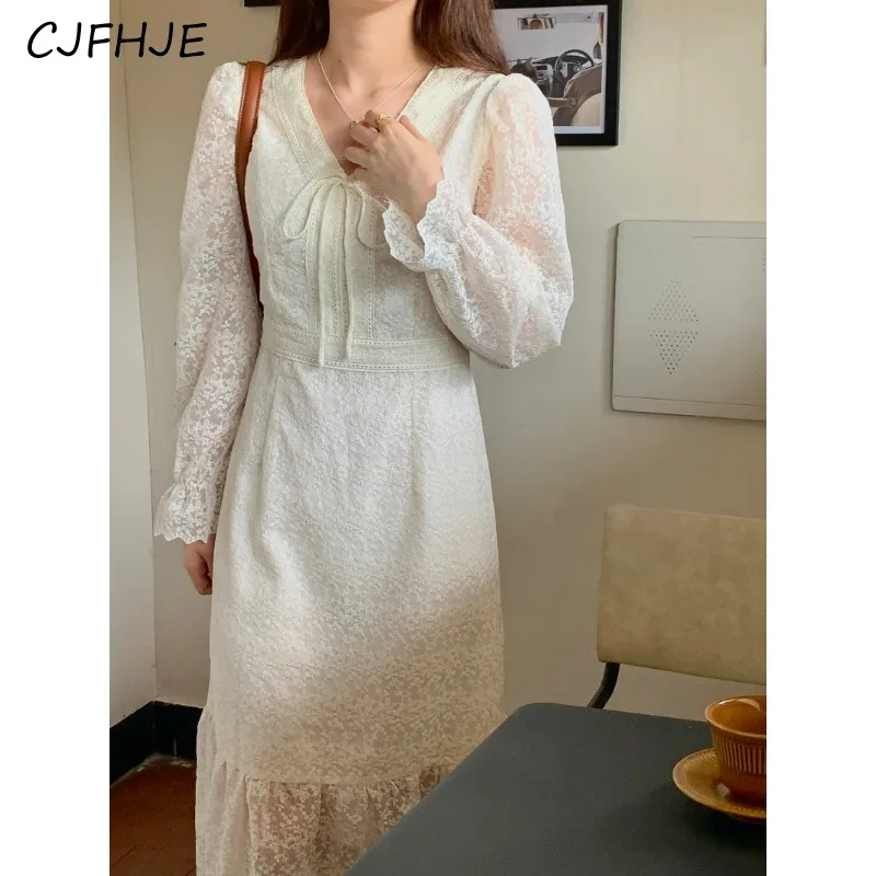 CJFHJE French Lace Crochet V-neck Lace Up Women's Dress New Fashion High Waisted Women Fishtail Patchwork Medium Length Dress