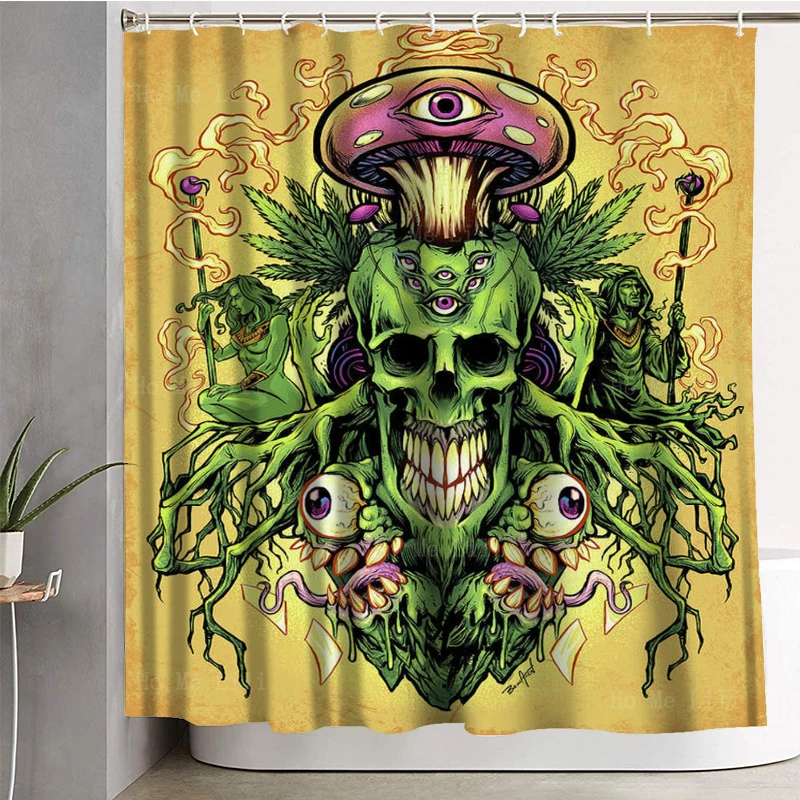 Devil Horns Winged Weed Skull And Psychedelic Evil Mushrooms With Hooks Shower Curtain By Ho Me Lili For Bathroom Decor