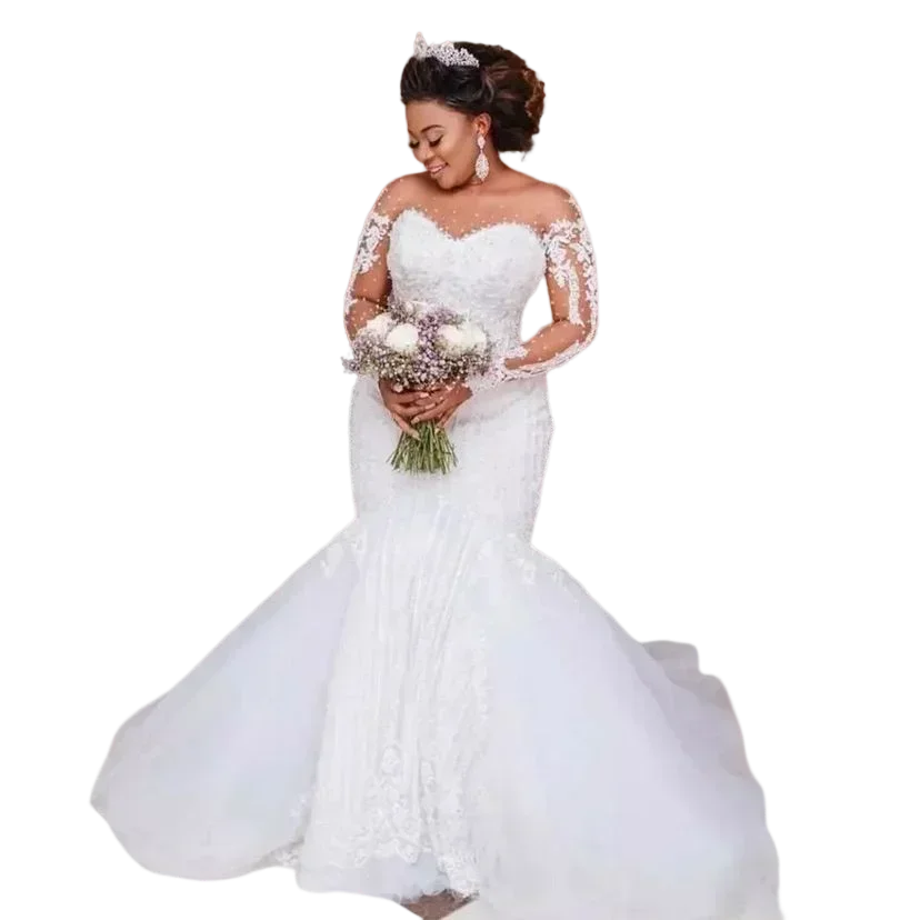 Customized Mermaid Lace Appliques Wedding Dress Illusion Open Back Robe De Mariée  Sweep Train Long Sleeves Vestido