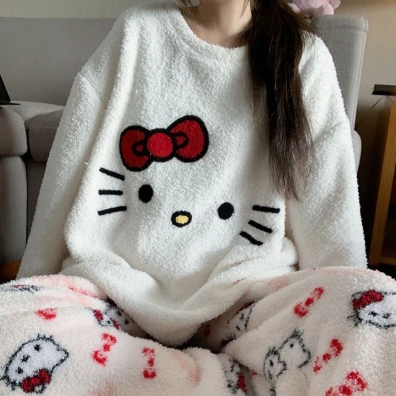 

Kawaii Hello Kitty пижамный комплект для девочек в стиле аниме Sweet KT с принтом, зимняя домашняя одежда на флисовой подкладке, утепленная вязаная плюшевая теплая пижама, новинка