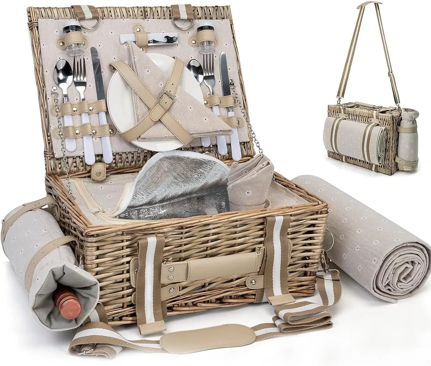 19Pcs Picnic Basket for 2 with Insulated Liner and Waterproof Picnic Blanket Wine Pouch