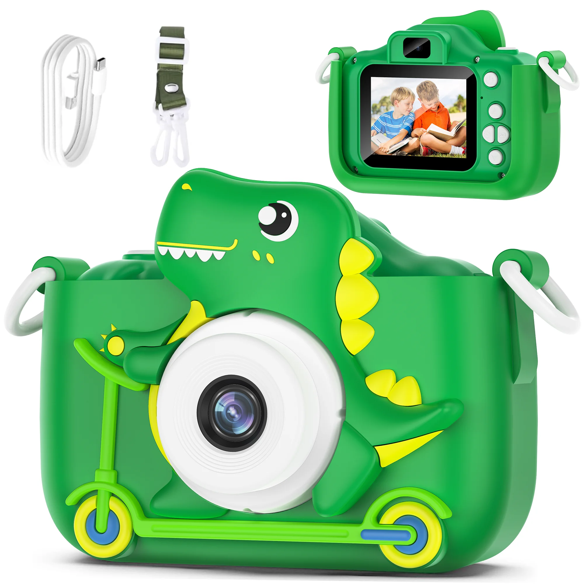 Dinosaur Kids Camera 1080P HD Dual Lens Digital Selfie Video Camera with 2.0 Inch Screen & Games Educational Toys Birthday Gift